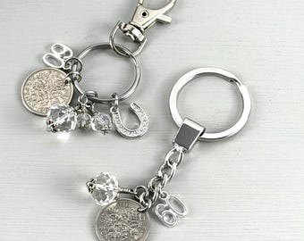 60th Anniversary couples gift, Diamond wedding anniversary, a 1966 Lucky sixpence keyring and a 1966 sixpence charm clip