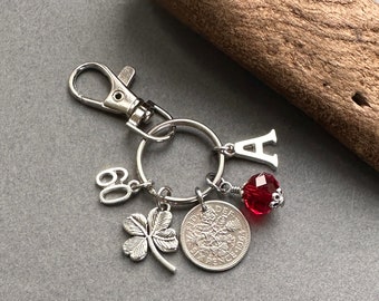 60th Birthday gift, birthstone charm, 1964 sixpence bag clip, choose initial and birthstone colour