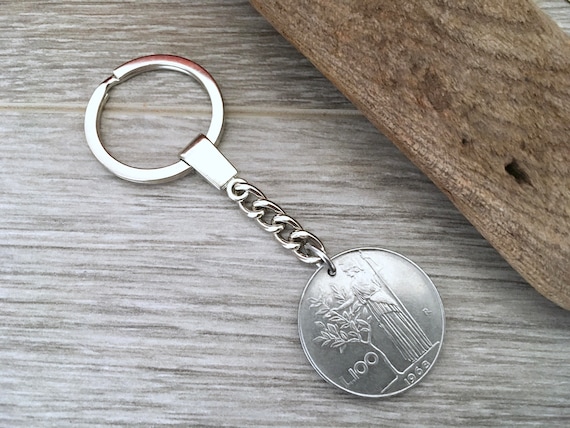 1968 Italian coin key ring, a great birthday gift, Italy key chain, 100 Lire key fob, anniversary present