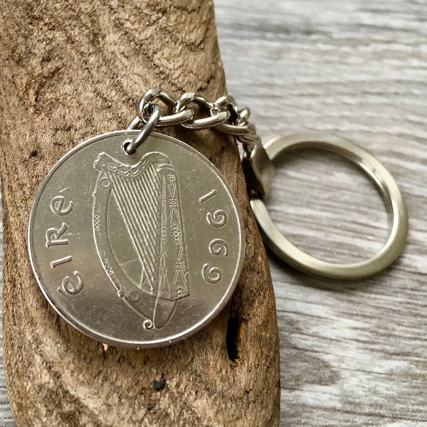 1969 Irish 10p coin keyring, salmon keychain, Celtic key fob, 55th birthday good luck fishing, anniversary present for him, her man or woman