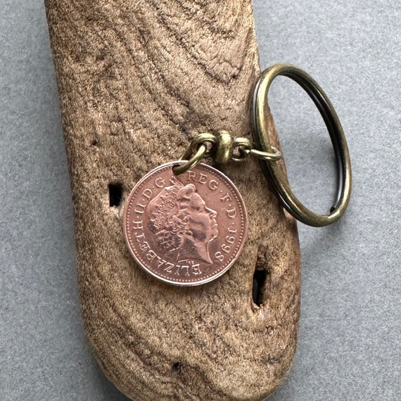 1998 British penny 1p coin keychain, keyring or clip, a perfect gift for a 26th birthday or anniversary