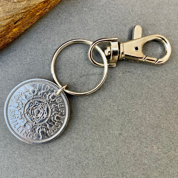 1953 British florin coin keyring clip, two shilling coin, a perfect 71st birthday gift or anniversary present