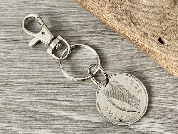 1990 Irish punt keychain, Key ring or clip, an unusual Birthday or anniversary gift