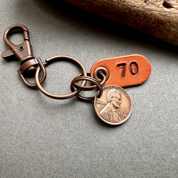 70th birthday gift, 1954 USA lucky penny key chain, American one cent key ring or clip