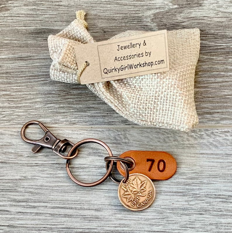 lucky maple leaf penny clip Canada one cent keyring 1951 Canadian penny keychain 70th birthday gift