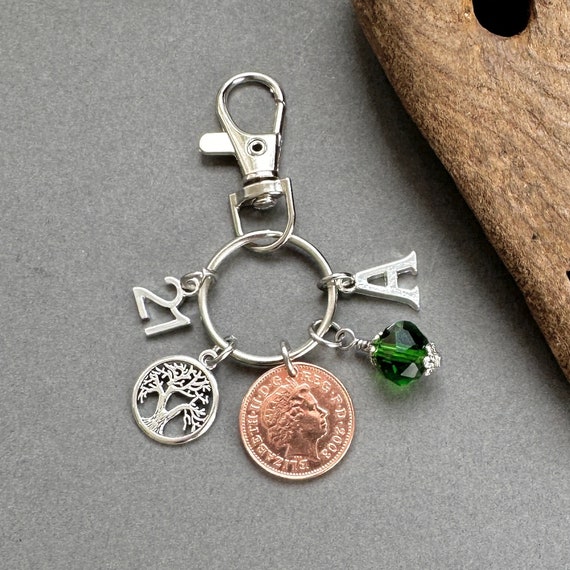 21st birthday gift, 2003 lucky penny birthstone charm clip, 2003 UK coin charm or bag clip, choose initial and birthstone colour