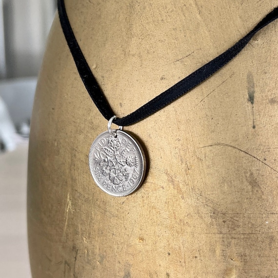 1967 sixpence on a velvet ribbon necklace, lucky coin pendant,