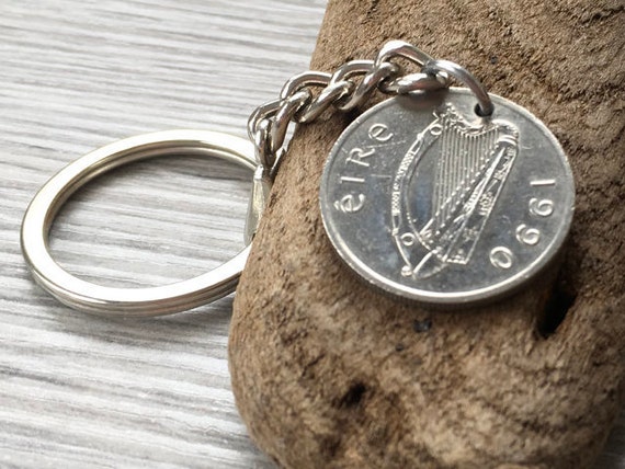 1990 Irish five pence coin keychain or clip, a thoughtful 34th  birthday gift or anniversary present