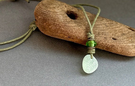 Sea glass pendant, beach glass necklace, natural jewellery, recycled glass, adjustable waxed green cotton cord