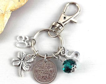 60th birthday gift, a 1966 sixpence bag clip, personalised gift choose initial and birthstone colour, also  a great 60th anniversary gift