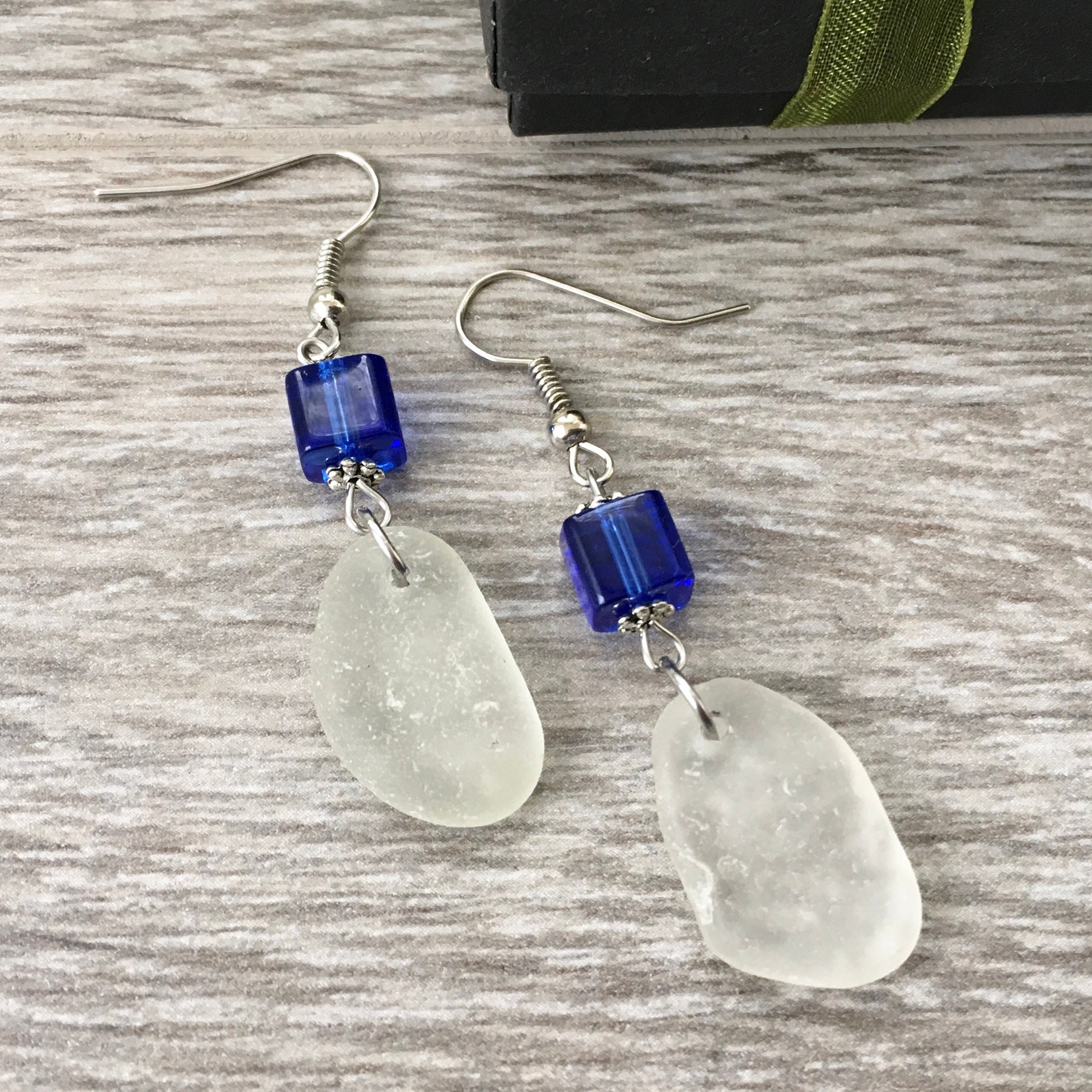 Natural sea glass earrings, blue earrings, English beach glass