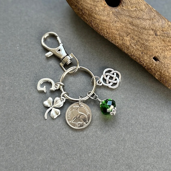 Irish shamrock charm clip, hare coin clip style keyring, choice of initial and coin year a thoughtful birthday or anniversary gift