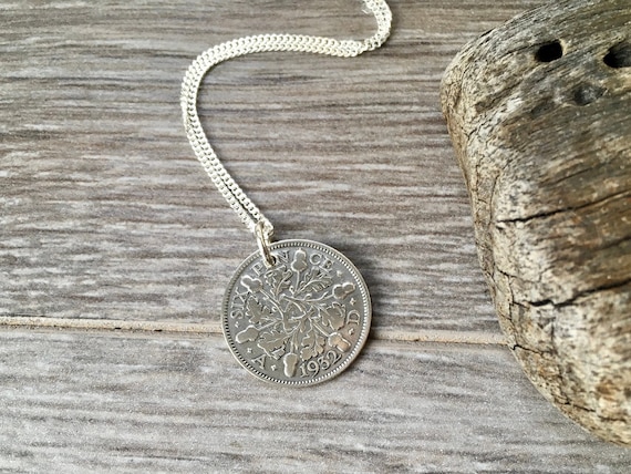 1932 Silver Sixpence Necklace: Sterling Silver Curb Chain, 94th