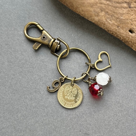 2015 Polish coin keyring clip, 9th anniversary gift, 5 Groszy from Poland with red and white bead charms, ninth Anniversary present