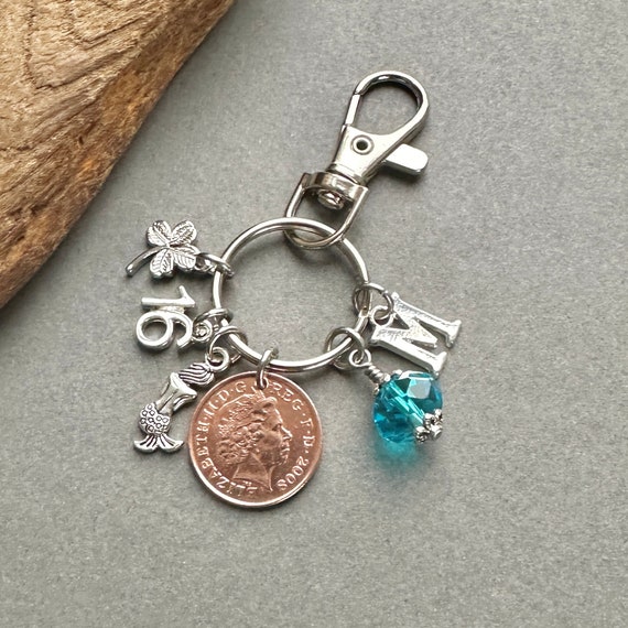 16th birthday gift, 2008 British lucky penny bag charm clip, personalised gift, birthstone and initial present, UK anniversary gift