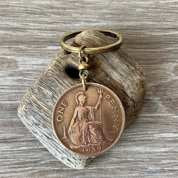 1937, 1938 or 1939 British big penny keychain, English keyring or clip, choose penny year for a thoughtful 85th, 86th or 87th  birthday gift