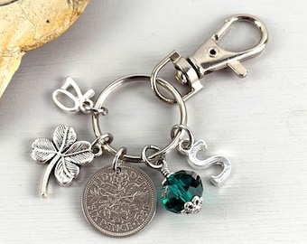 70th Birthday Gift: 1956 Sixpence Charm, Initial Bag Clip