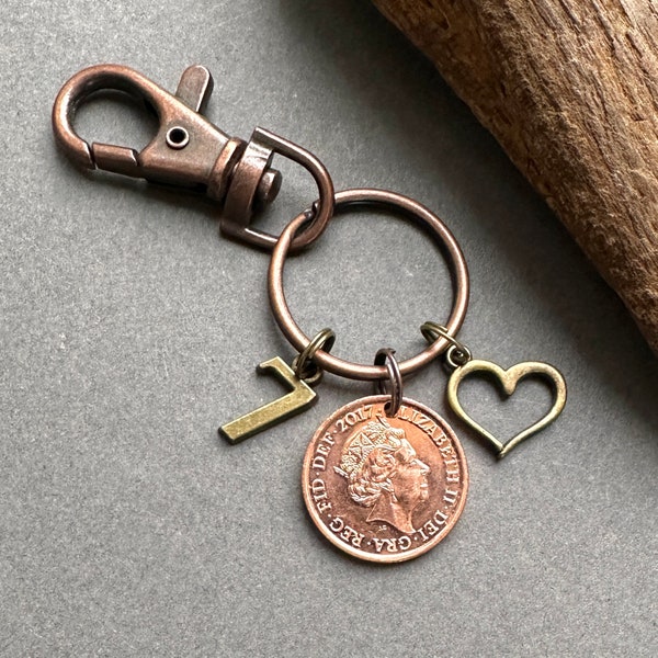 Celebrate 7 years together, 2017 British penny key ring key chain, or clip, Copper anniversary gift For a man or woman