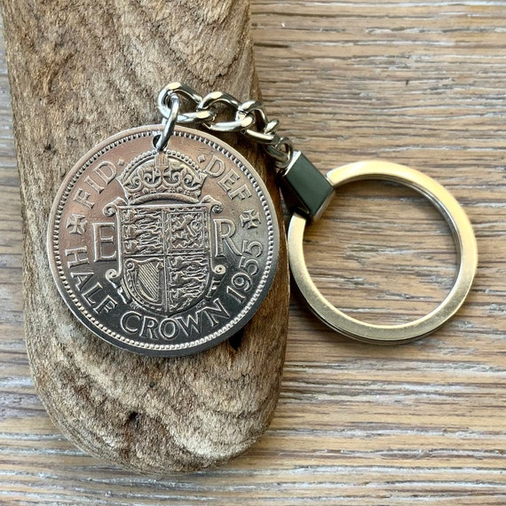 1955 British Half Crown coin keychain or clip, for a 69th birthday, retirement or anniversary gift,