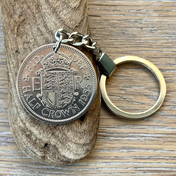 British Half Crown coin keychain or clip, choose coin year 1953 1954 1955 or 1956, for a birthday, retirement or anniversary gift,