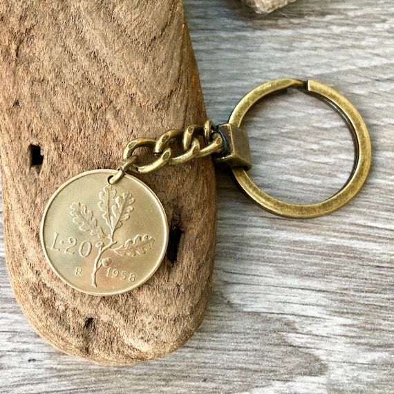 1958 Italian coin key ring, 66th birthday gift, Italy key chain, 20 Lire key fob, anniversary present for a man or woman