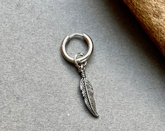 Thick hoop feather earring, stainless steel, available as  a single earring or a pair of earrings