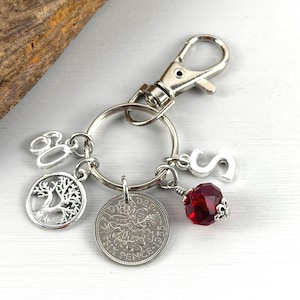 Personalised 1966 Sixpence Bag Clip: Initial & Birthstone Charm