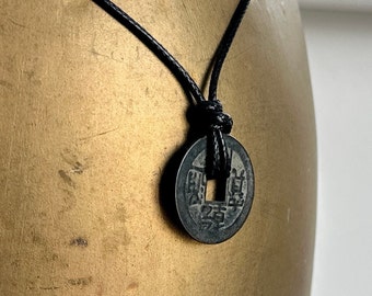 Chinese coin pendant necklace, adjustable knotted cord necklace, black polyester cord