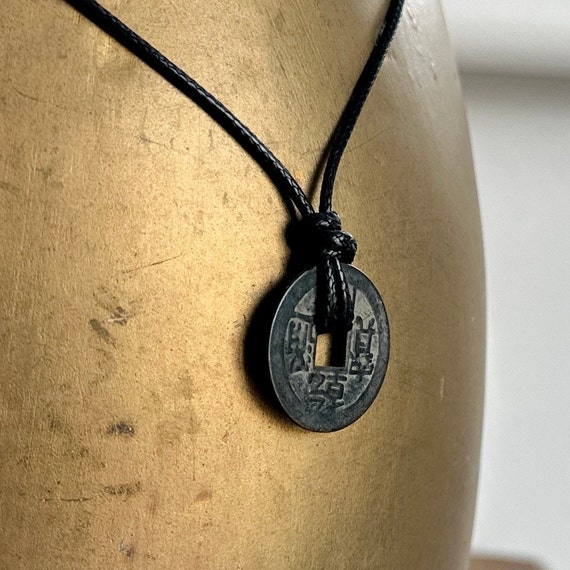 Chinese coin pendant necklace, adjustable knotted cord necklace, black polyester cord