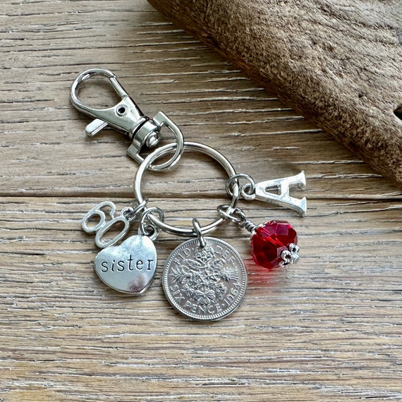 60th birthday gift for a sister, a 1964 British sixpence bag clip, personalised gift, choose initial and birthstone colour