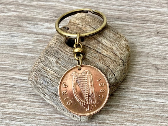 1980 Irish harp coin key chain, Ireland keyring or clip, 44th birthday gift or anniversary present for a man or woman