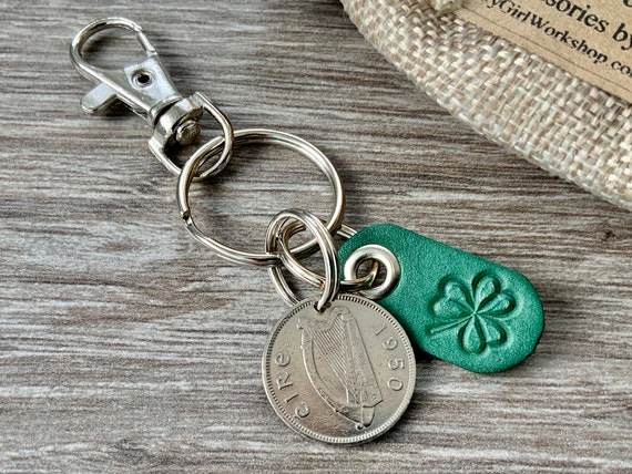 1950 Irish sixpence shamrock keychain, Ireland coin keyring or clip, 74th birthday gift, Irish wolfhound present for a man or woman