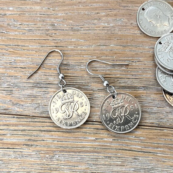 British sixpence earrings with stainless steel or Sterling silver ear wires, choose coin year for a perfect birthday gift