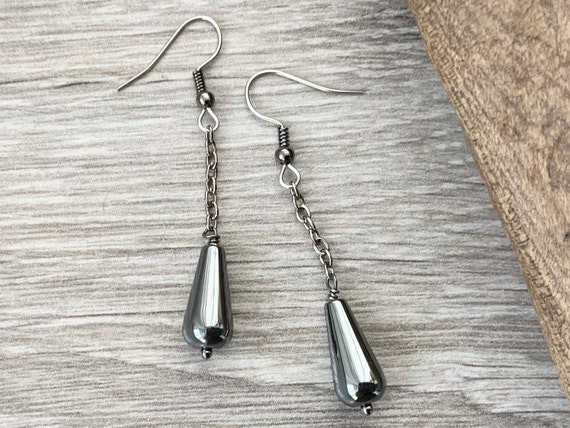 Hematite teardrop earrings, gemstone jewellery, gunmetal grey, long dangle earrings, dark grey, smooth teardrop, dark silver, mineral, iron