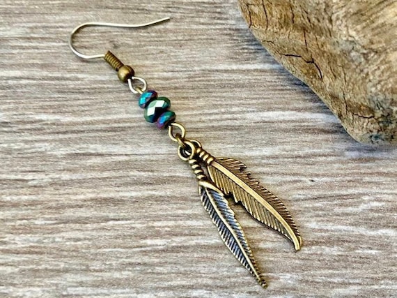 Double bronze feather and hematite beaded earring, with stainless steel earwires  available as a single earring or a pair of earrings