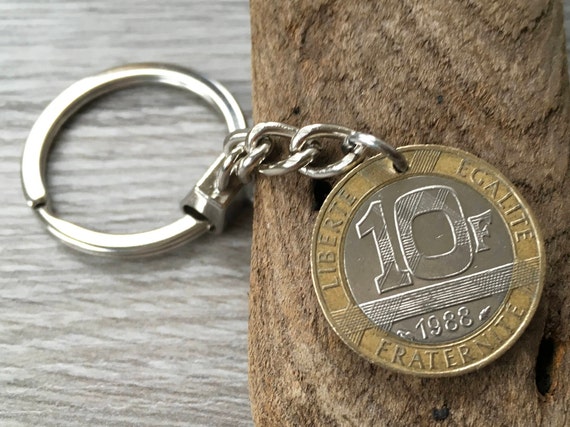 French coin keyring, keychain, 10 francs France, 1988, 1989, 1990, 1991 or 1992 choose coin year for a perfect birthday or anniversary gift