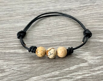 Jasper bead adjustable knotted bracelet, simple leather jewellery, with a choice of black or dark brown leather