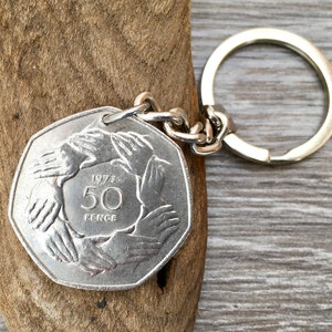 1973 ring of hands UK 50p coin keyring, keychain, or clip, British fifty pence coin 51st birthday or anniversary gift Keyring