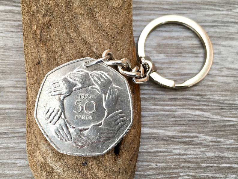 1973 ring of hands UK 50p coin keyring, keychain, or clip, British fifty pence coin 51st birthday or anniversary gift Keyring