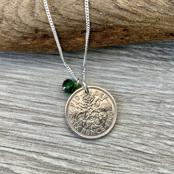 Sixpence necklace with a birthstone charm and sterling silver curb chain, choose coin year and charm colour
