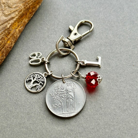 60th Italian Birthday gift, 1964 100 Lire coin keyring or bag clip, choice of initial and birthstone colour, 60th anniversary gift woman
