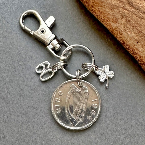 60th Irish birthday gift, 1964 Irish florin with a lucky clover charm, keychain, keyring, Ireland coin clip, 60 year old coin from Ireland