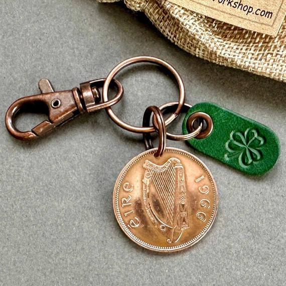 1966 Irish penny and shamrock keychain, keyring or clip, a perfect birthday or anniversary gift for someone proud of their Irish heritage