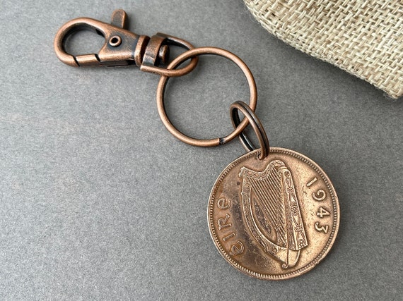 1943 Irish penny keyring clip, a perfect 81st birthday gift, lucky old penny from Ireland