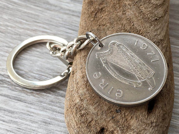 1971 Irish ten pence coin keychain, keyring or clip, a perfect 53rd birthday or anniversary gift