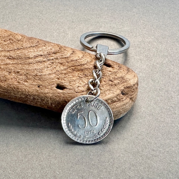 1974 Indian coin key ring, 1974 India 50 paise coin keychain, 50 birthday gift in 2024