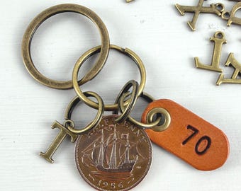1956 British half penny Coin Keyring with a number 70 Leather Tag, 70th birthday in 2026