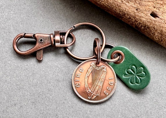 1953 Irish half penny keychain, harp coin keyring, shamrock bag charm clip, 71st birthday gift or anniversary present