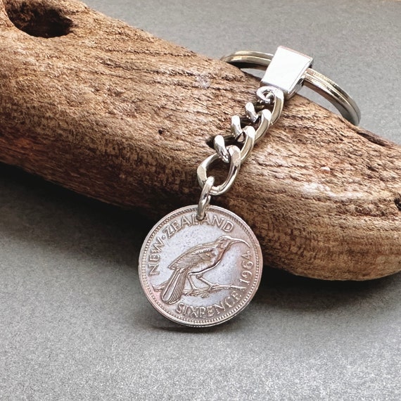 1964 New Zealand sixpence keyring, huia bird coin keychain, a perfect 60th birthday gift