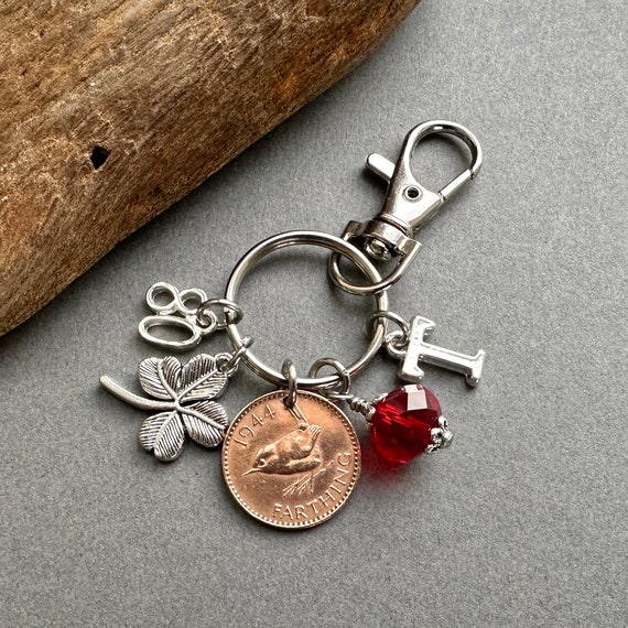 80th birthday gift for someone born in 1944, a 1944 wren farthing birthstone charm or bag clip, choose initial and birthstone colour